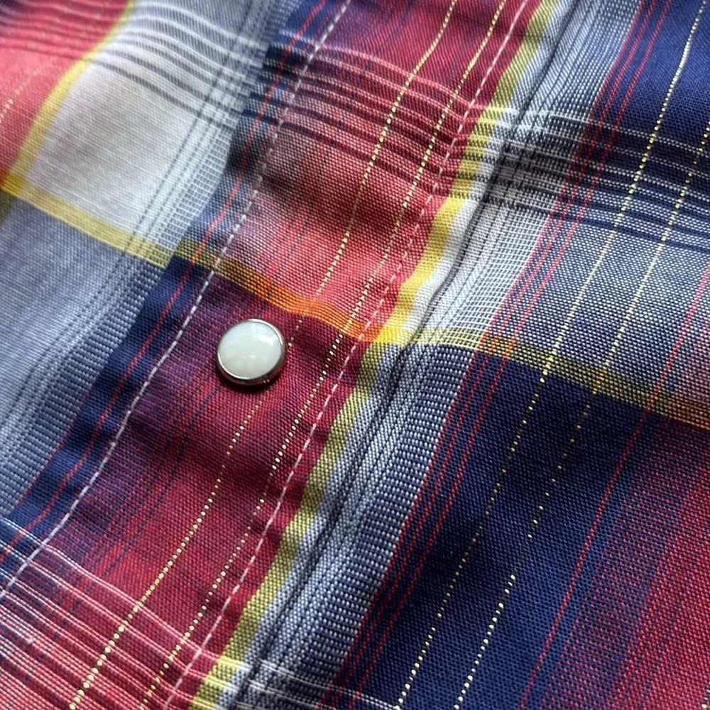 VTG 70’s Levi’s Red White Blue Gold Plaid Pearl Snap Western Shirt L